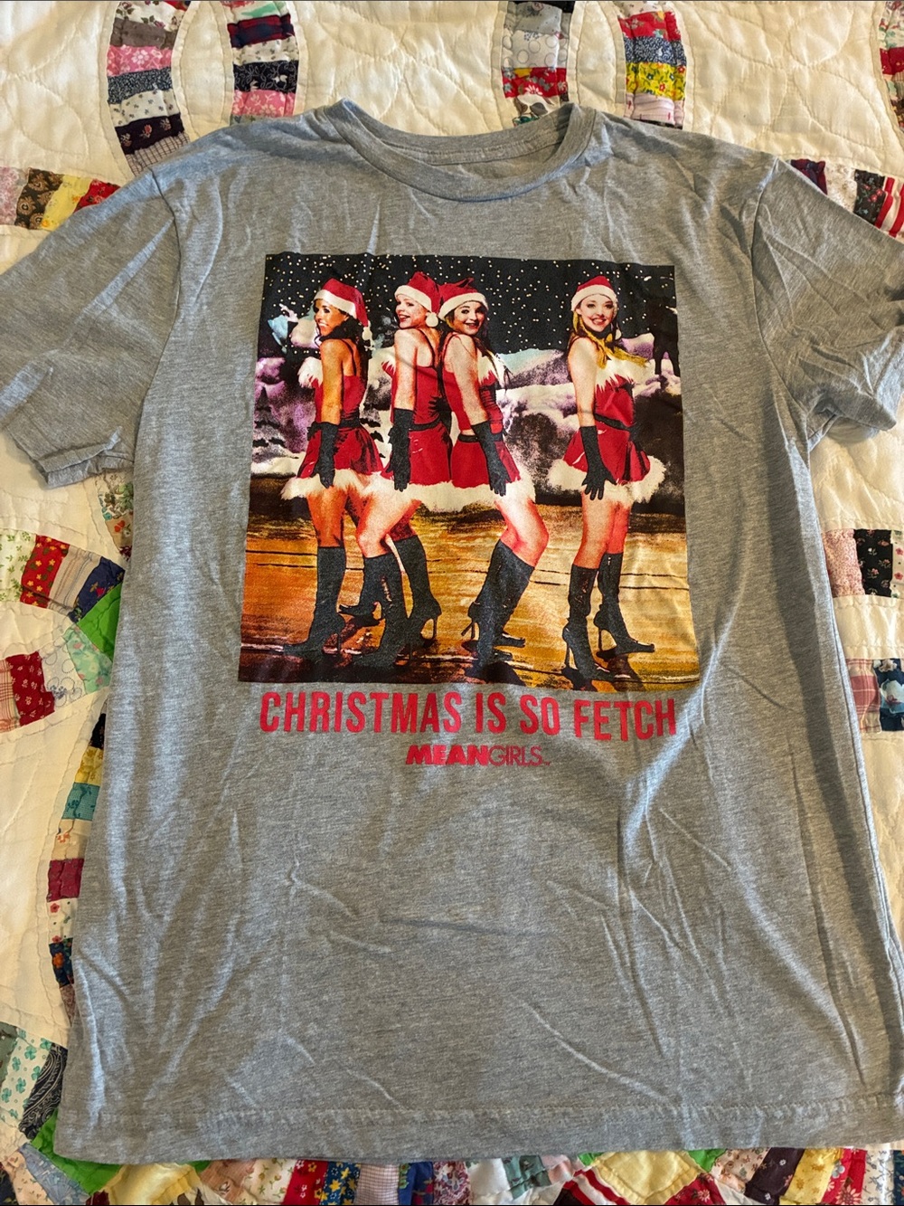 Mean Girls 'Christmas Is So Fetch' Gray Holiday Graphic Tee small cotton blend